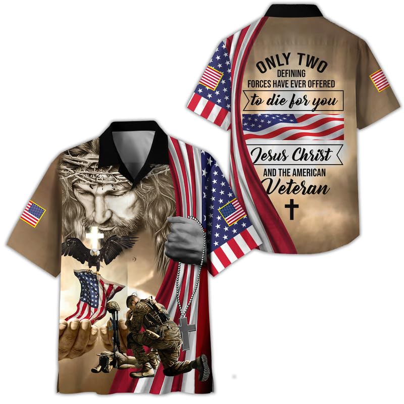Veteran Hawaiian Shirt for Men Military Hawaiian Shirts Jesus Christ and The American Veteran Shirt Patriotic Hawaiian Shirts Military Gifts for Dad Grandpa Husband-XL