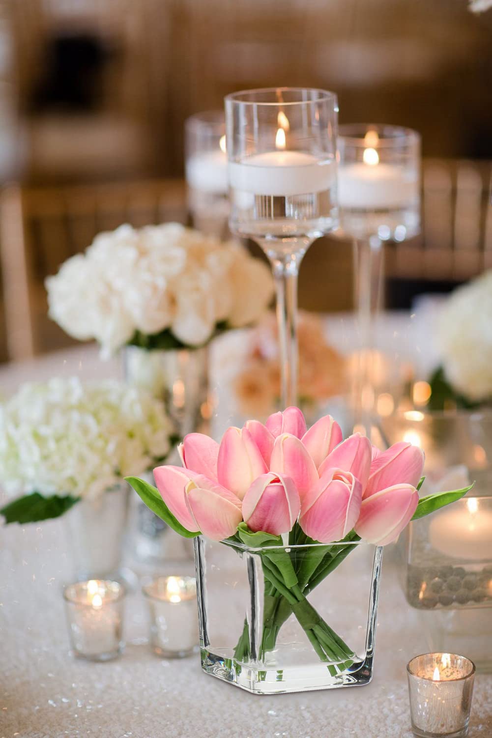 Oairse 14pcs Small Artificial Flower in Vase Real Touch Faux Tulips Flower in Cube Glass Vase with Faux Water Mini Pink Tulip Bouquet Arrangement for Home Wedding Table Centerpiece Decor - Image 4
