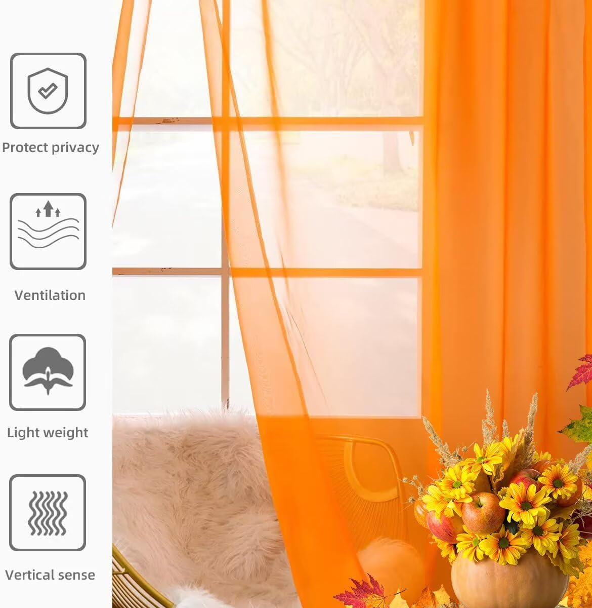 youleyar Solid Sheer Rod Pocket Curtain Voile Draperies 4 Panels White Beige Black Grey Ivory 52 Inch Width 96 Inch Long 1 Pair for Kitchen Bedroom Children Living Room Yard(Orange,52 Wｘ96 L)