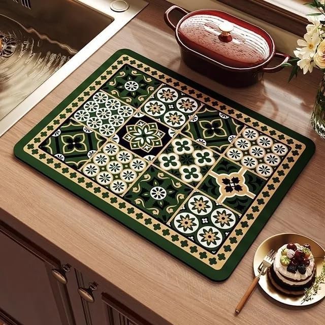 Image of HomeCloud Super Absorbent Dish Drying Mat for Kitchen Counter - Non-Slip, Heat-Resistant Rack Pad - Hides Stains, Ideal 4 Dishes, Coffee Maker, and Kitchen Appliances (Olive Tile, 50x40 cm)