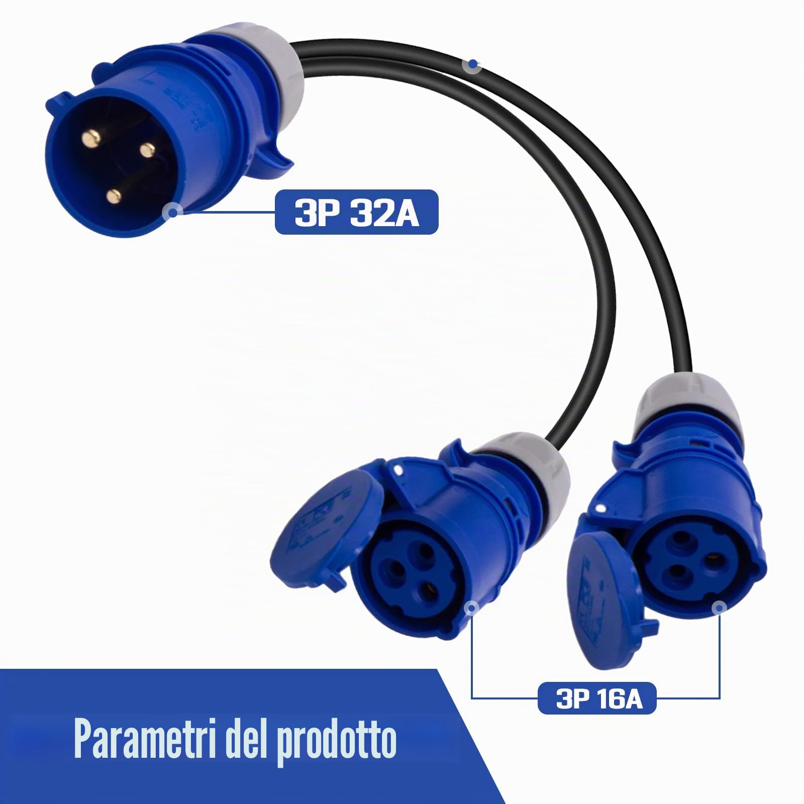 32 A maschio su 2 prese da 16 A, splitter di potenza a 2 vie, adattatore per caravan con cavo di collegamento IP44