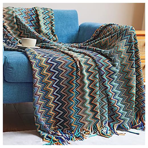 Boho Throw Blankets Outdoor Knitted Tassel Blankets, Super Soft Cozy Lightweight Couch Decorative Bohemian afghans Throw Blankets, Bed, Sofa, Outdoor Throw Blanket - All Seasons (Blue 50x60 Inch)