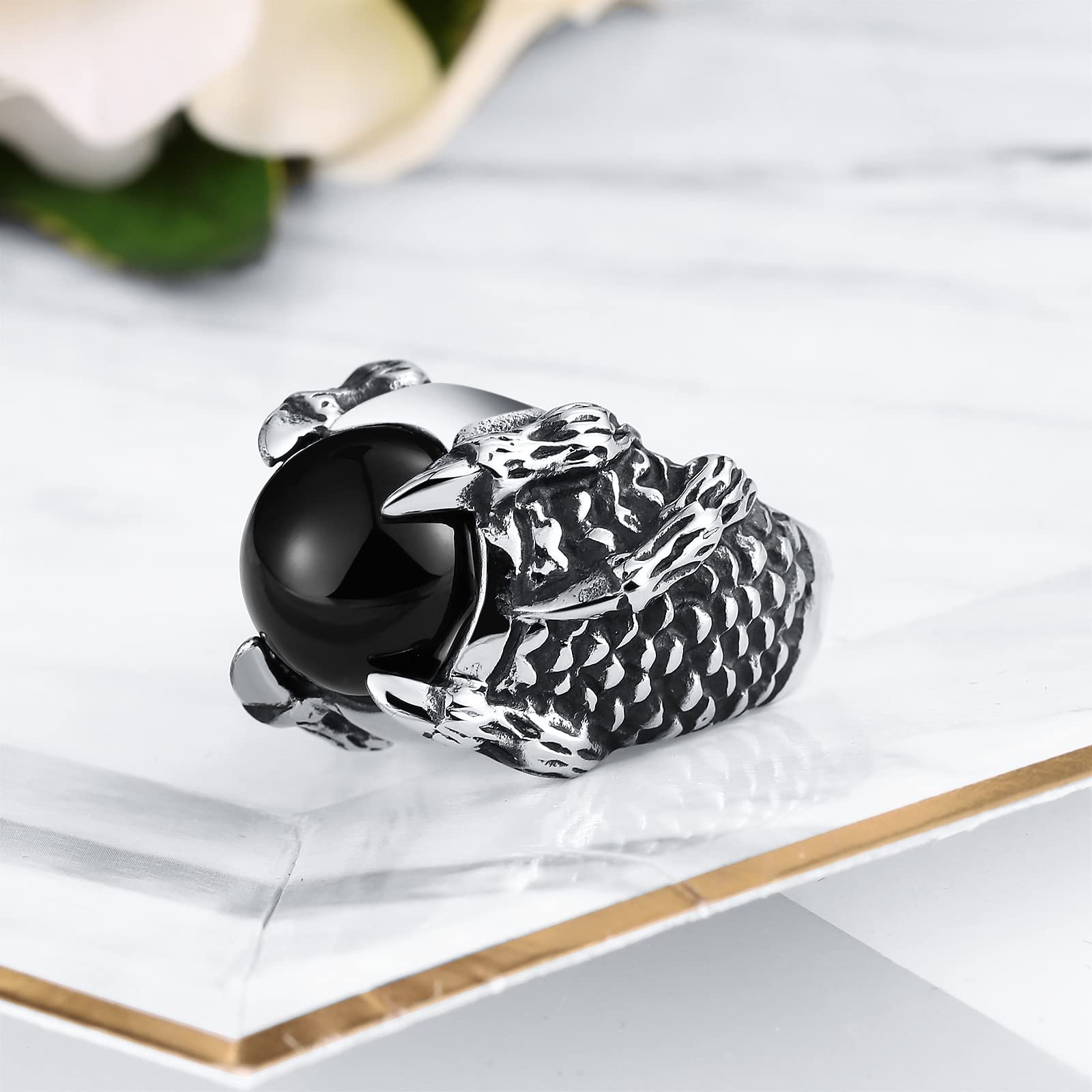 Anelli Fidanzamento Acciaio Anello Donna E Uomo Anello Punk Artiglio di Drago con Pietra Ovale Anello Acciaio Rosso/Nero Taglia 15 to 27