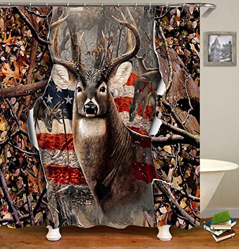Camille&Andrew 4Pcs American Flag Deer Shower Curtain Set, Elk Moose Wildlife Animal Hunting Cabin Camo Tree Woodland 4Th Of July Patriotic Country Rustic Farmhouse Bathroom Decor, Non-Slip Bath Mat #TOP2