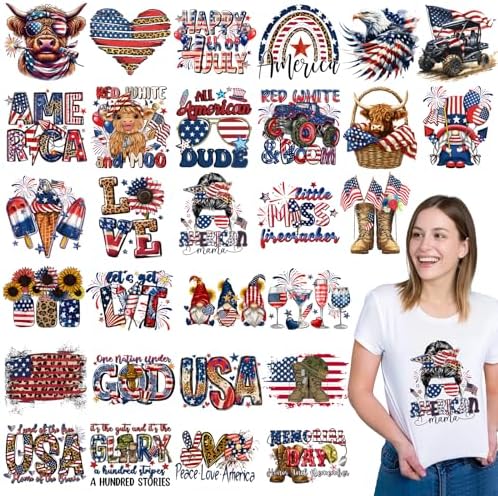 32PCS Patriotic Iron on Patches Heat Transfer Vinyl Decals Memorial Day 4th/Fourth of July Patch for Clothes Bag Pillow Covers