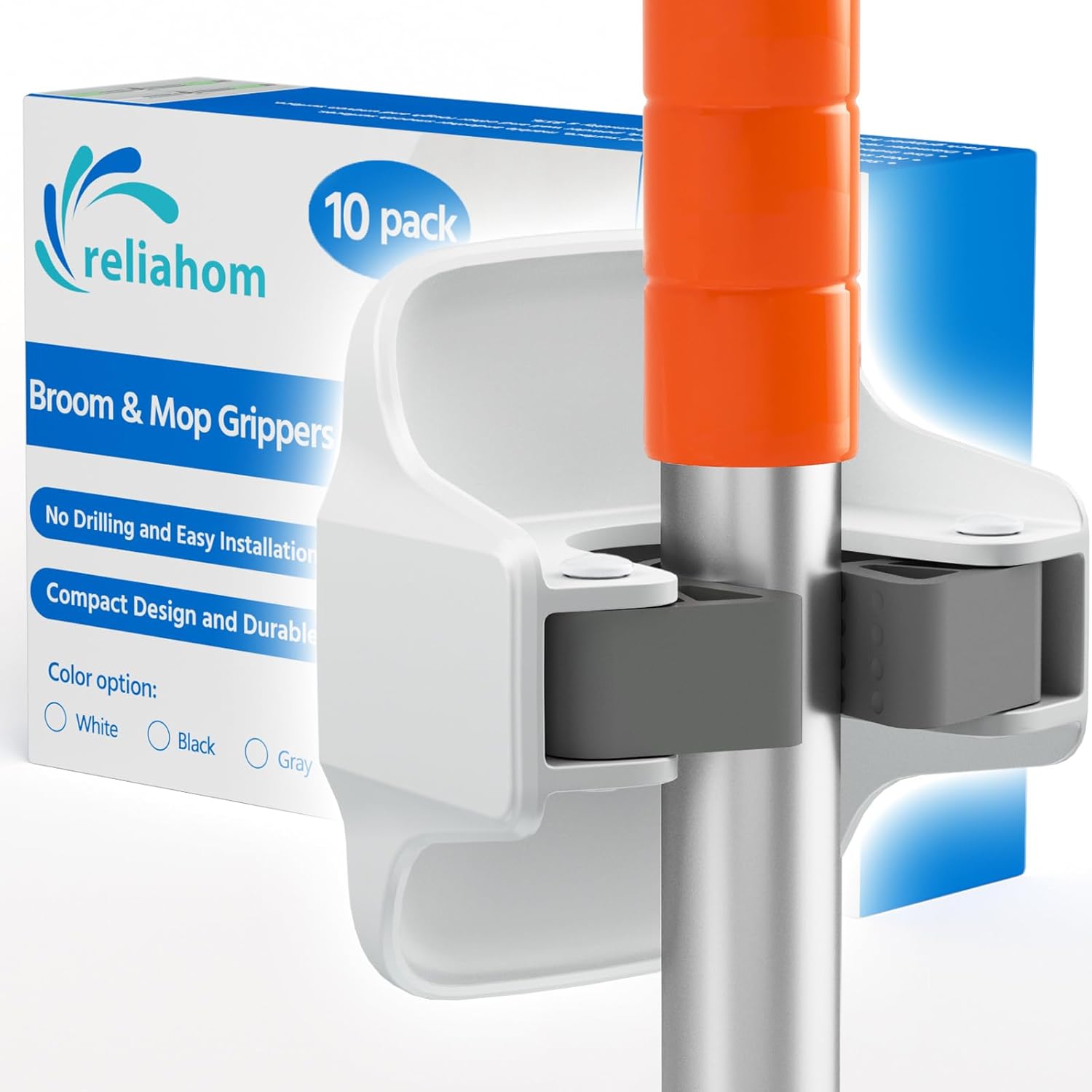 10 Pack Broom Holder Wall Mount Mop Grippers No Drilling Self Adhesive Anti-Slip Mop Handle Hanger Dustpan and Broom Organizer Garage Storage Racks-White