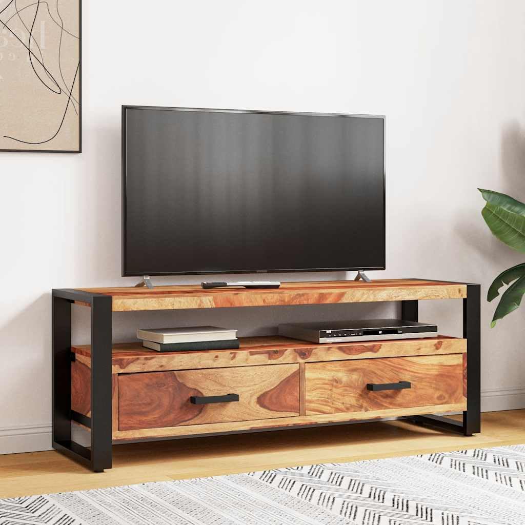 Mobile TV in legno massello di acacia, 120 x 35 x 45 cm, con 2 cassetti, telaio in acciaio verniciato a polvere, credenza bassa per soggiorno, camera da letto, home theater, scaffale
