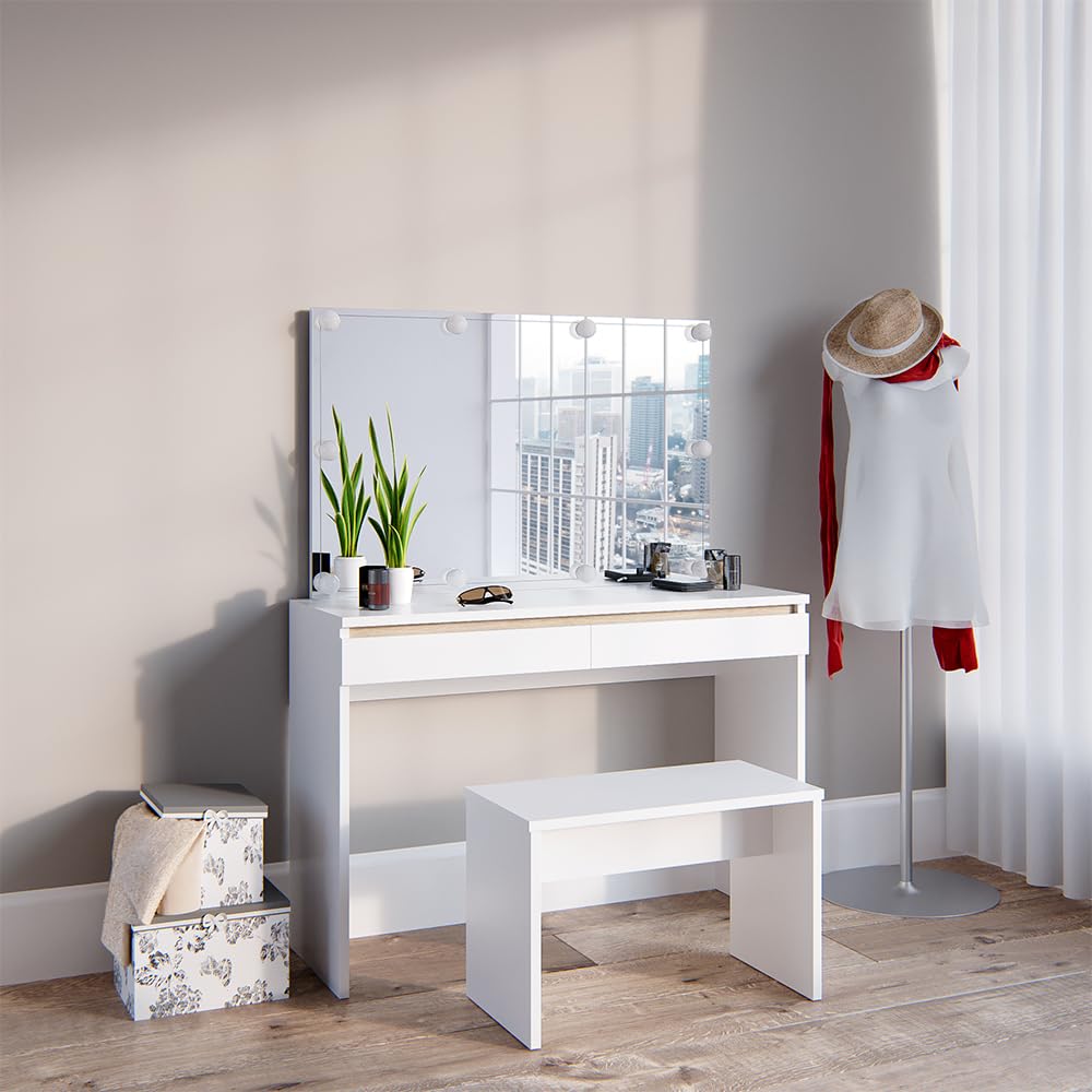 Vicco Table de maquillage Emma commode de coiffeuse miroir blanc sonoma + banc