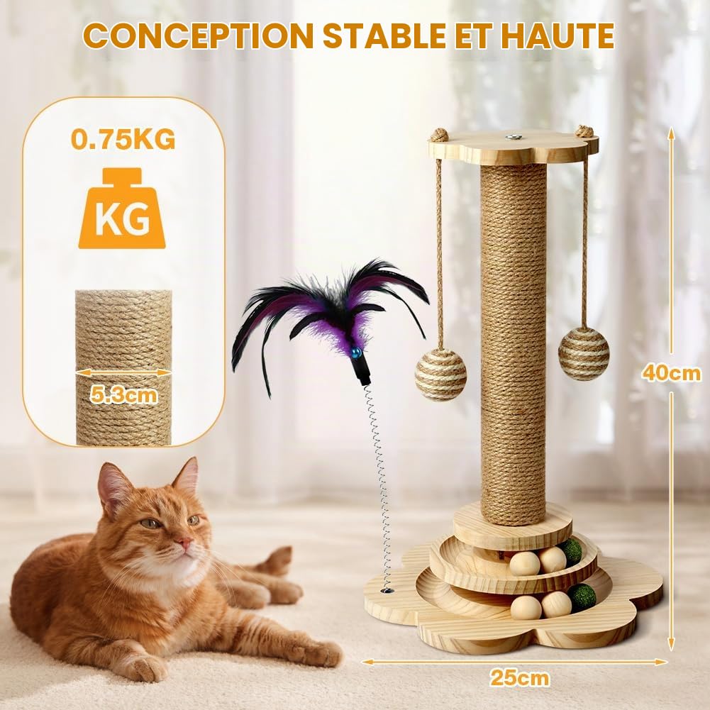 Vicloon Poteau Griffoir, 40cm Colonne à Griffer, Poteau Griffoir en Sisal 4 en 1, Griffoir pour Chat avec Boules en Bois, Boules en Sisal Suspendues, Plumes, pour Chat Facile à Assembler