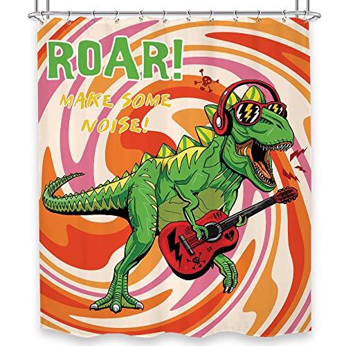 Lghtyro Green Dinosaur Shower Curtain Bathroom Set 60Wx71H Inches Funny Dino Make Some Noise Vintage Abstract Art Witch Bath Accessories Retro Hippie Swirl Art Home Decor Fabric 12 Pack Hooks #TOP5