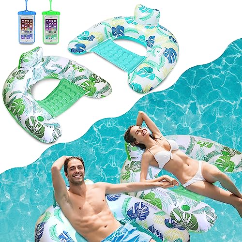 Weeupolfun Inflatable Pool Float Chairs, 2 Pack Pool Float Loungers Inflatable Adults with Backrest & Cup Holder, Tropical Rainforest Theme U-Seat Floating for Pool and Sea Toys