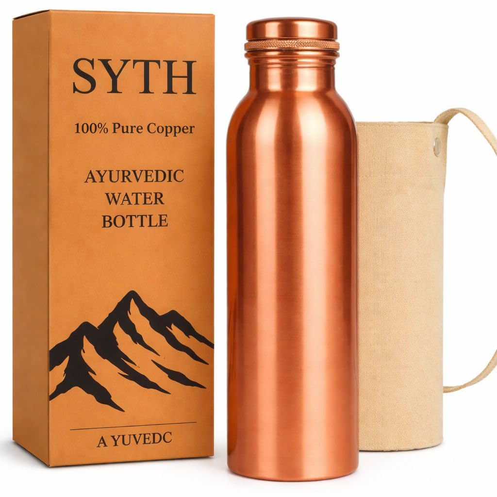 Wasserflasche aus 100 % reinem Kupfer mit Tragetasche, im Labor getestet, auslaufsicher, handgefertigt, ayurvedisches Kupfergefäß, Wasserflasche aus reinem Kupfer zum Trinken (Kupferflasche mit Tasche