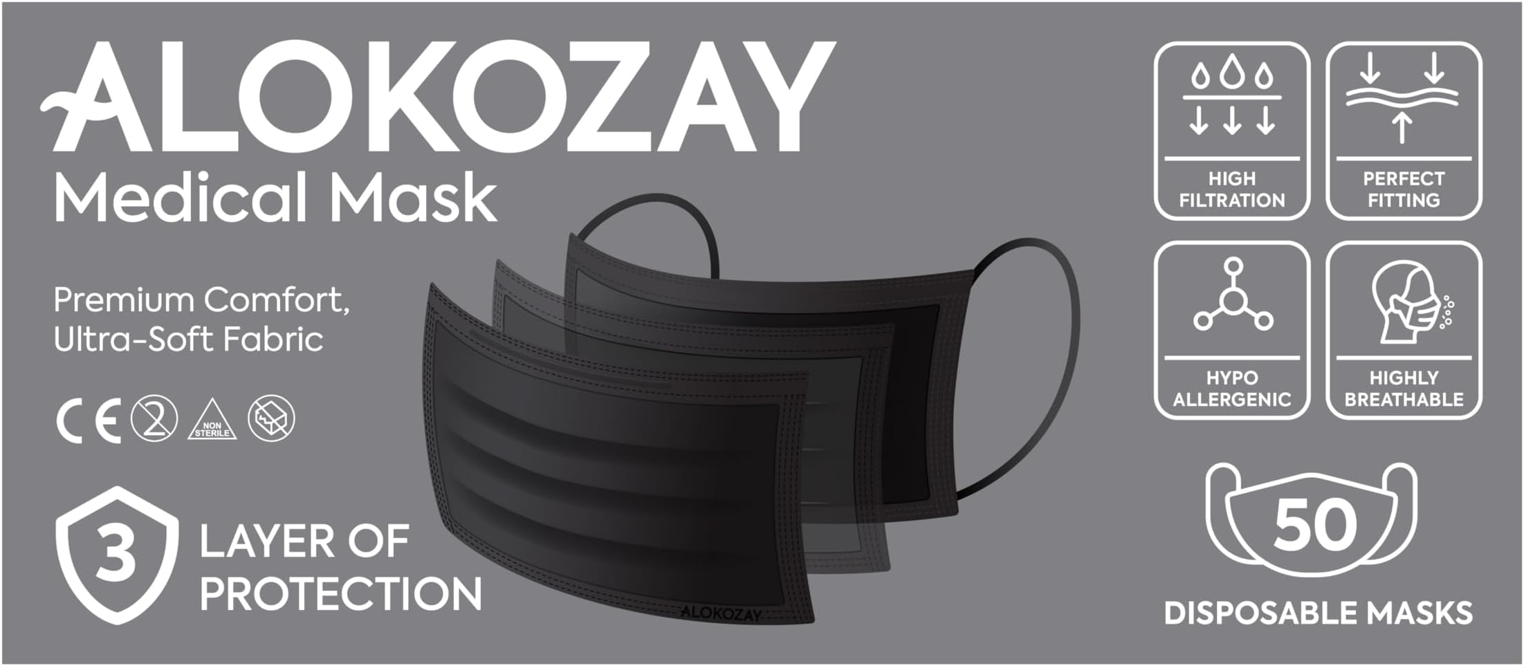 Alokozay Medical Face Mask Black - Surgical/Disposable Face Mask - CE Certified