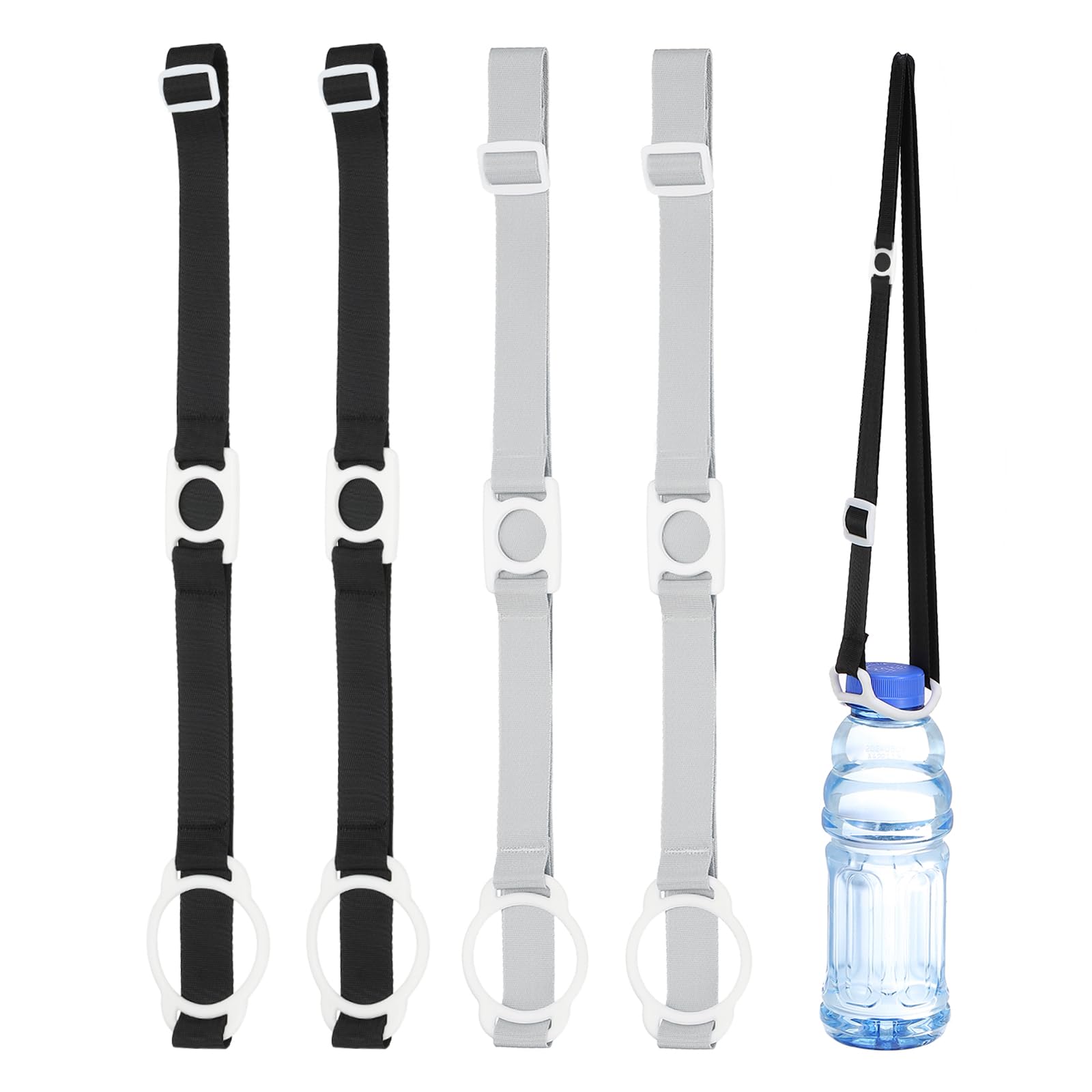PATIKIL Water Bottle Lanyard, 4Pcs Adjustable Holder Shoulder Strap with White Ring Buckle Carrier Clips for Hiking Walking Outdoor, Black, Grey (2.5CM, 5CM)