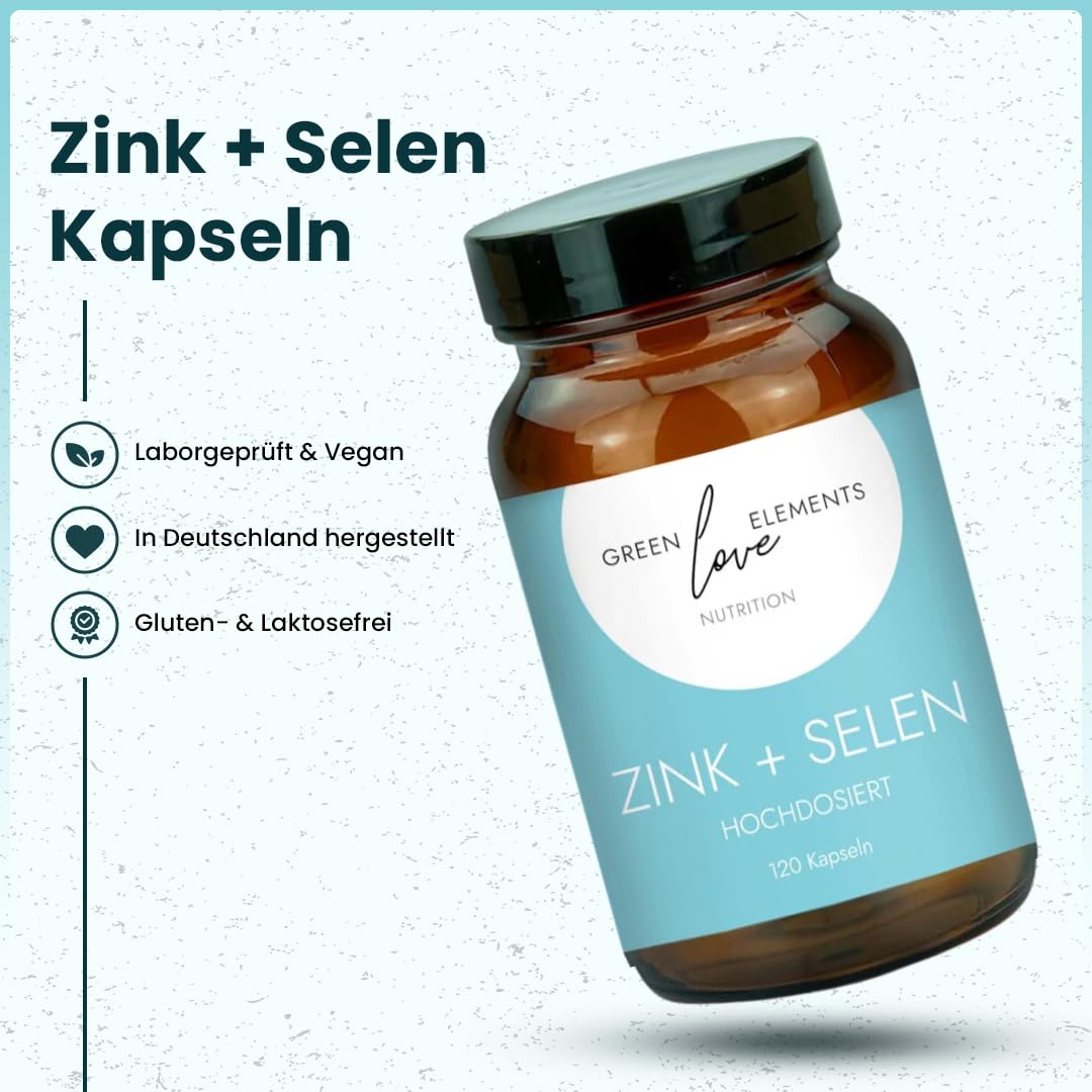 Zink + Selen Kapseln 25mg + 55 µg Hochdosiert - Vegan. In Deutschland hergestellt. Zinkgluconat- Für Haut, Haare, Nägel und Knochen. Für ein starkes Immunsystem. 120 Kapseln im Glas