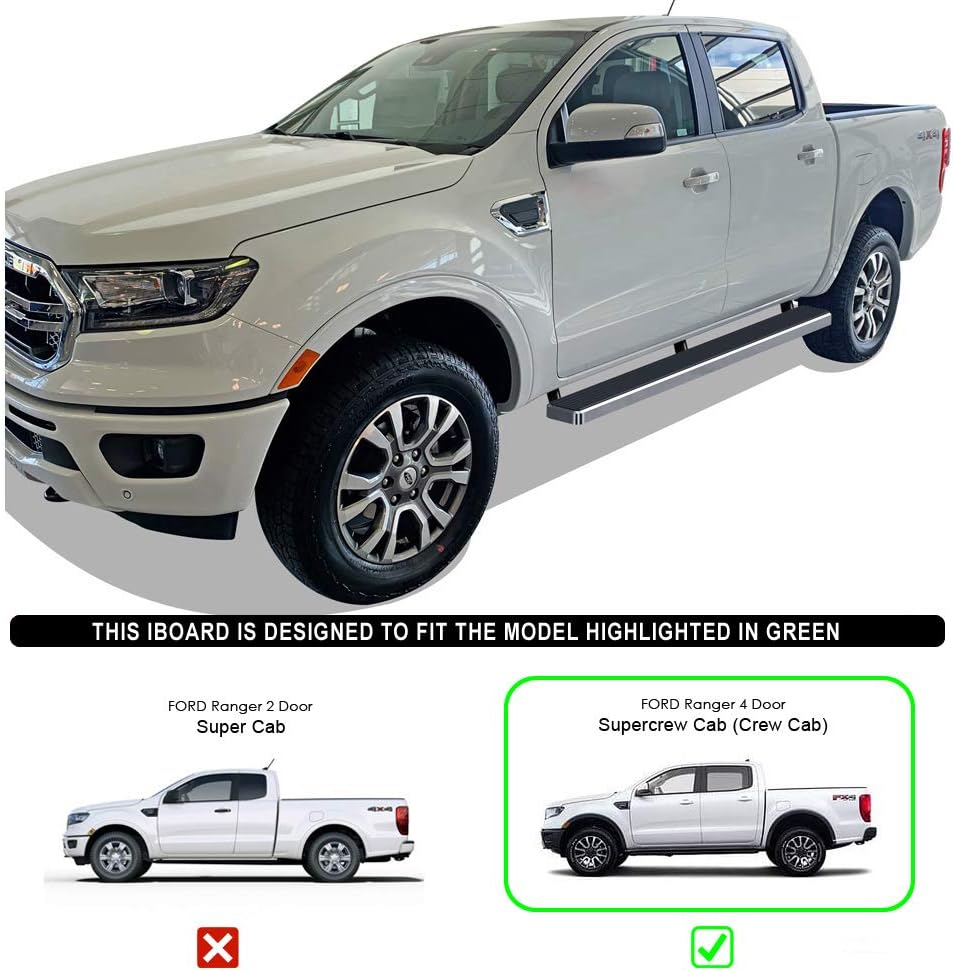 HD Ridez Running Board Side Step 6" Silver Compatible with Ford Ranger 2019-2026 SuperCrew Cab 4-Door (Nerf Bar Side Steps Side Bars)