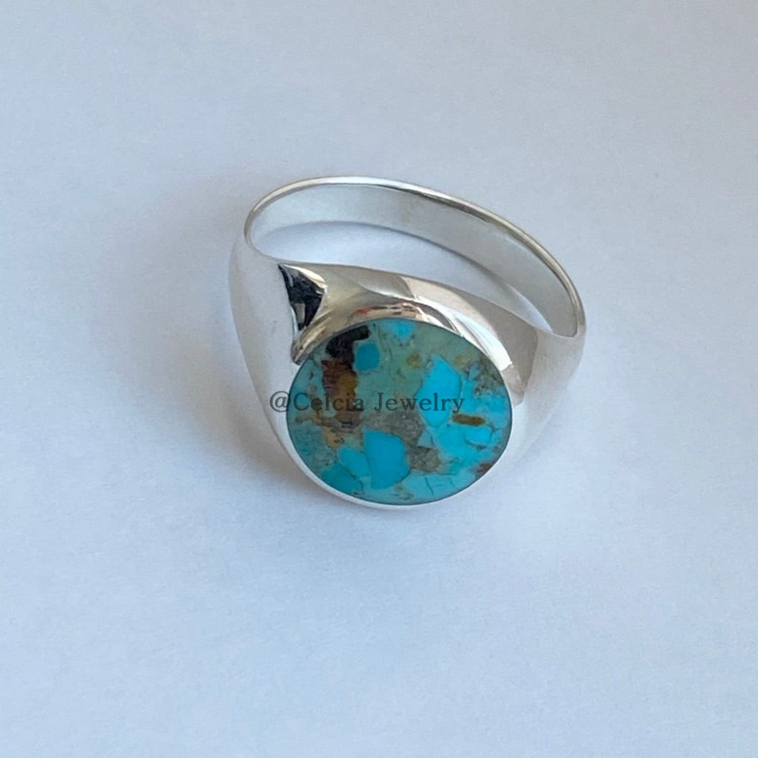 Bague ovale en pierre précieuse turquoise en cuivre bleu, bijoux fins faits à la main en argent sterling massif, bague solitaire, bague de déclaration, cadeaux pour femme (turquoise en cuivre bleu)