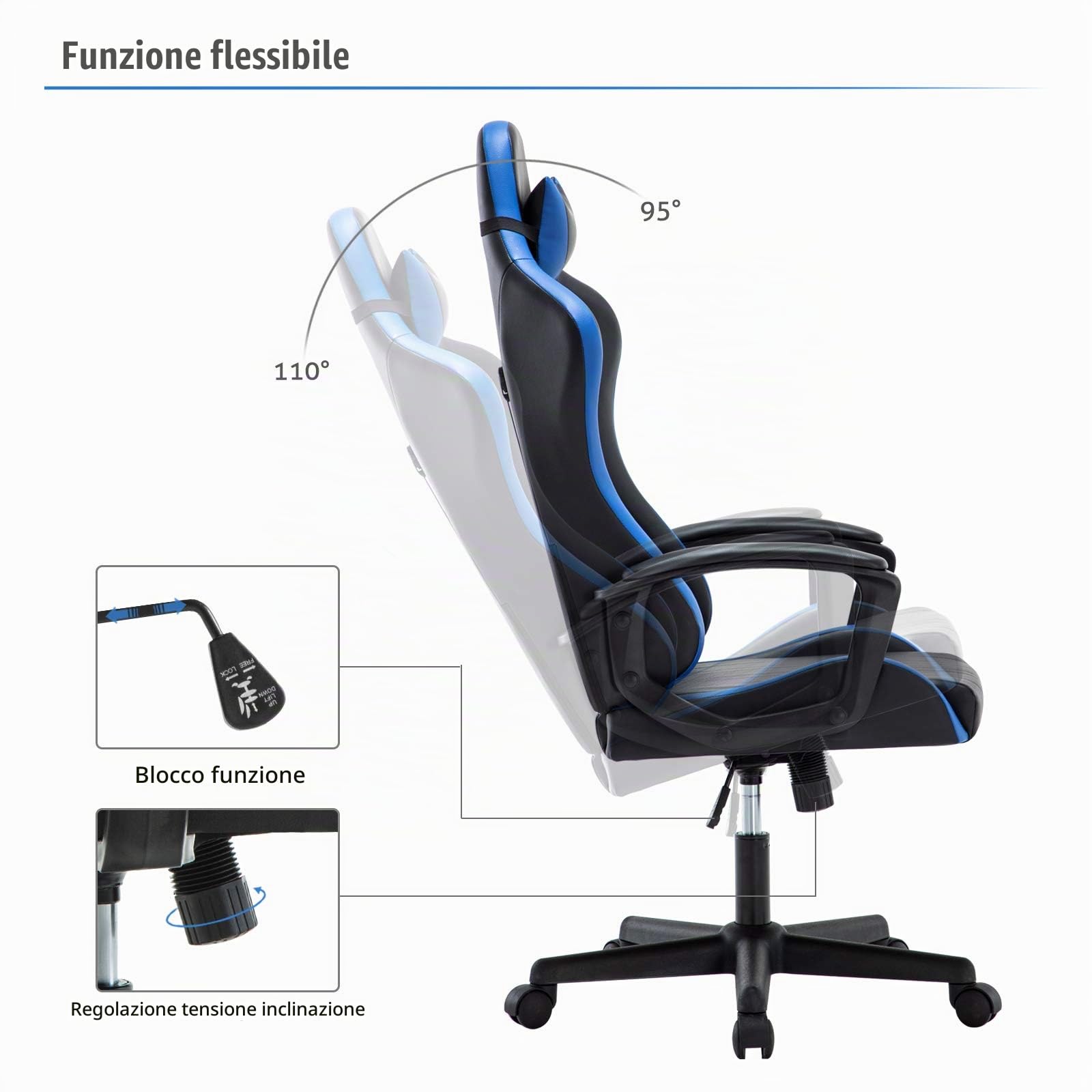 IntimaTe WM Heart Sedia da Gaming, Poltrona Gaming Sedia Ufficio Gaming Meccanismo di Inclinazione, Schienale Alto Ergonomica, Sedia da Gioco con Comoda Supporto Poggiatesta e Lombare, Blu