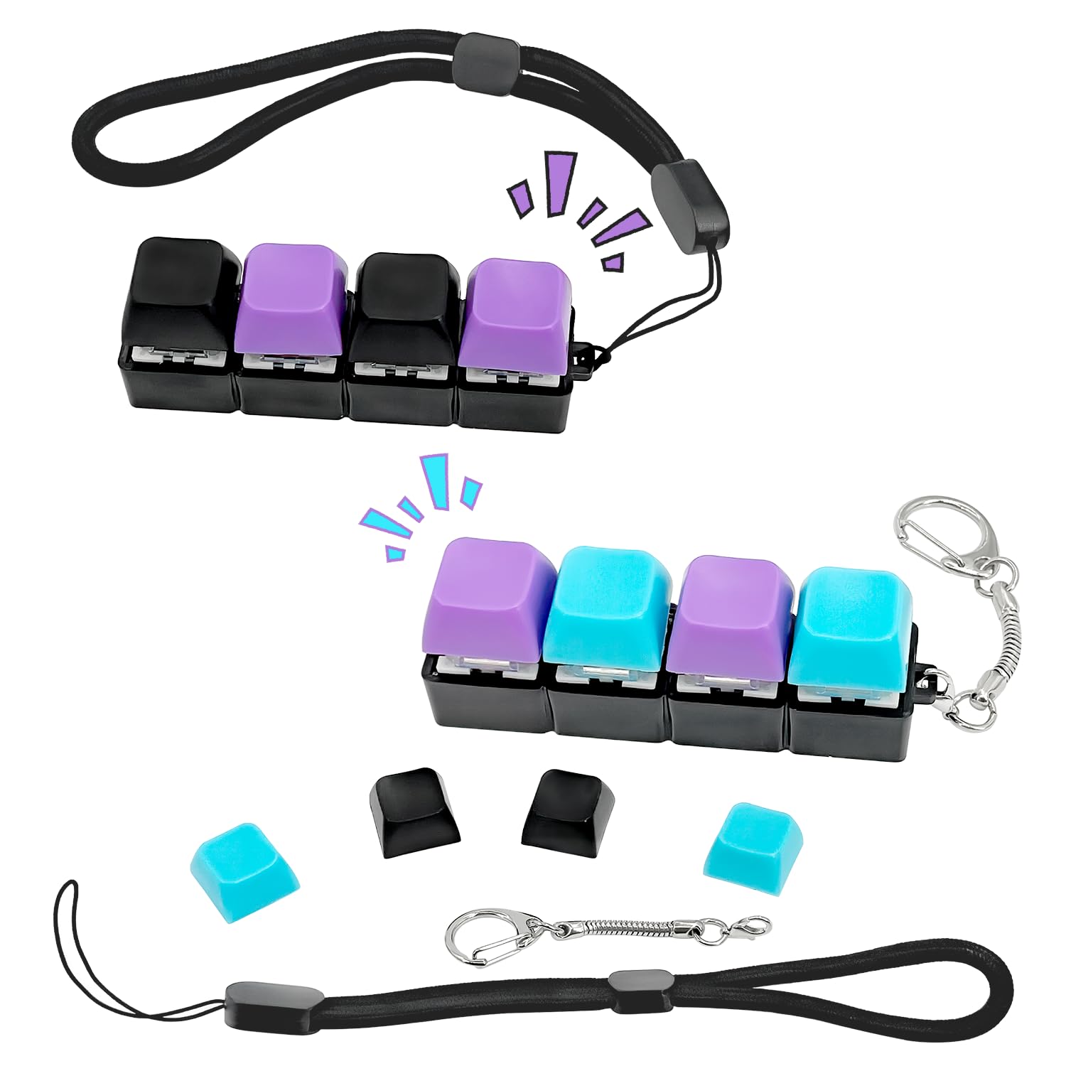 Paquete de 2 juguetes para ansiedad con teclado con 4 teclas de repuesto moradas, clicker para aliviar el estrés y la ansiedad, juguete sensorial para adultos, TDAH, Fidgeter (negro, azul, morado)