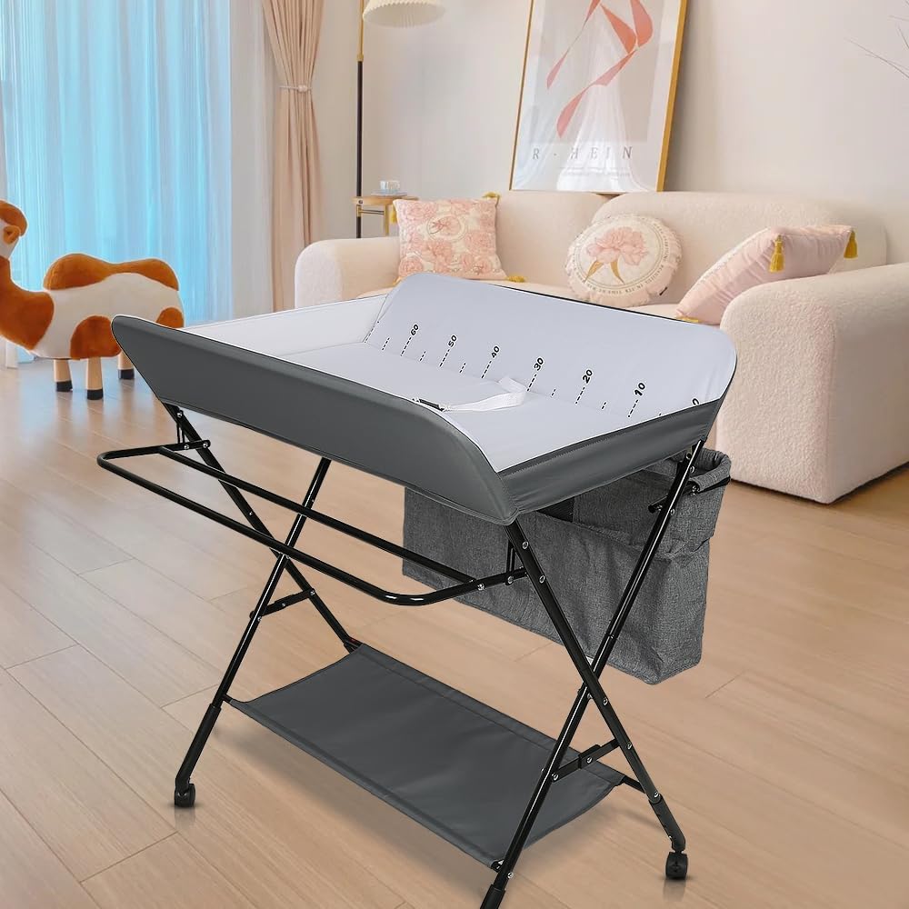 homewell Cambiador portátil plegable, altura ajustable, cambiador para bebé con ruedas y cinturón de seguridad, cambiador impermeable