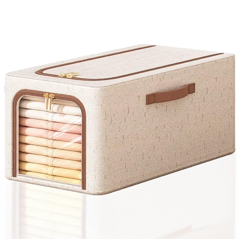 Image of Prime Pick Storage Box Set Foldable Jute Cloth Organizer with Lid Reinforced Handles Washable Wardrobe Storage Bin for Clothes Almirah Drawer Beige Pack of 1