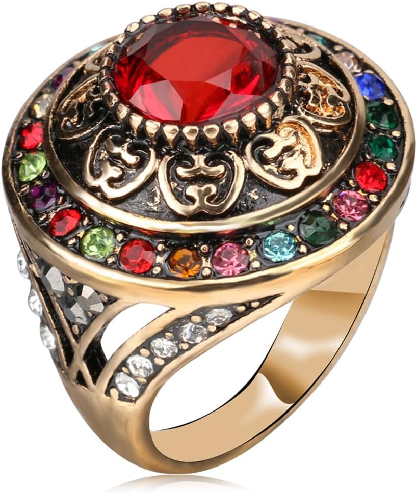HAIXIAN Retro Gold Multi Stone Chunky Dome Ring for Women,14K Yellow Gold Plated Vintage Cocktail Party Crystal Turkish Signet Ring,Antique Turkey Ring Jewelry for Her