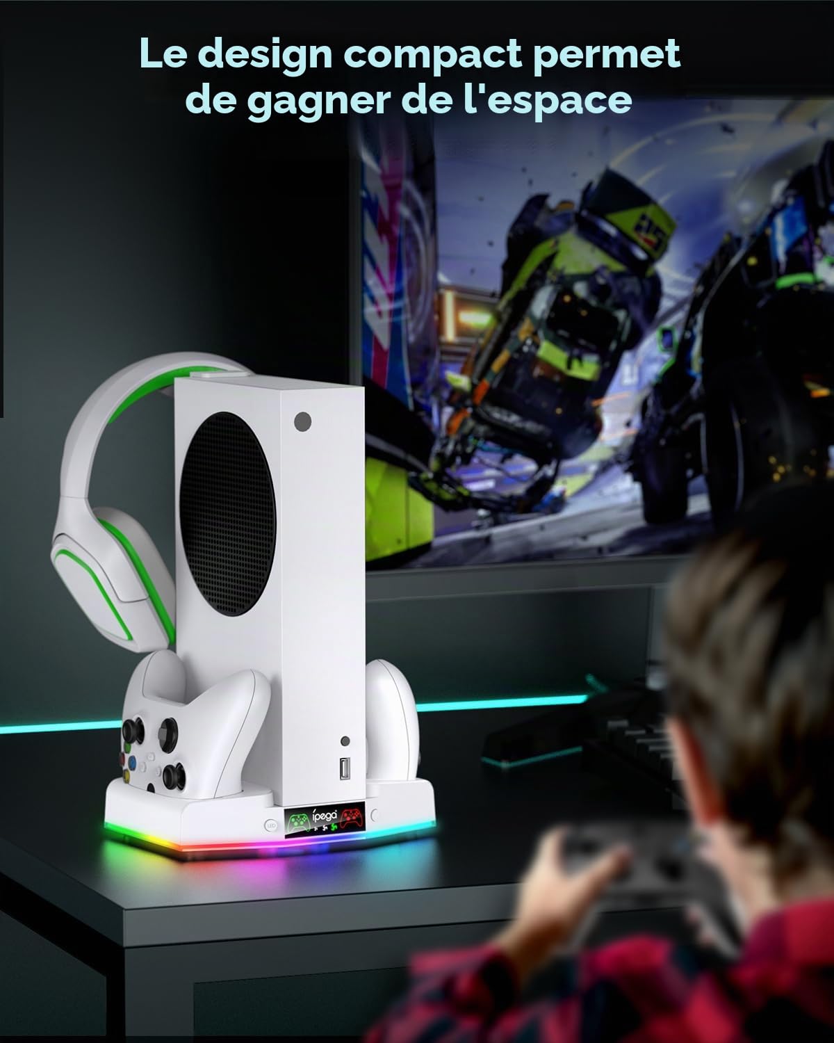 Support de Refroidissement & Charge pour Xbox Series S avec Lumière RGB, MENEEA Ventilateur de Refroidisseur & Chargeur Accessoires avec 2*1400mAh Batteries Rechargeables, Crochet pour Casque D'écoute
