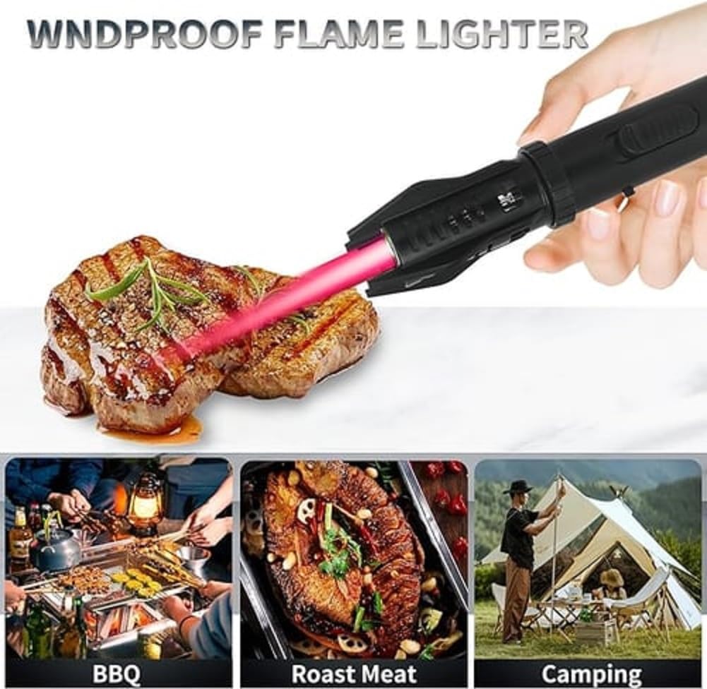 Briquet à flamme droite coupe-vent pour camping, extérieur, gaz en métal, briquet à grande flamme, rechargeable avec verrouillage de sécurité pour barbecue en plein air, cuisine (bleu)