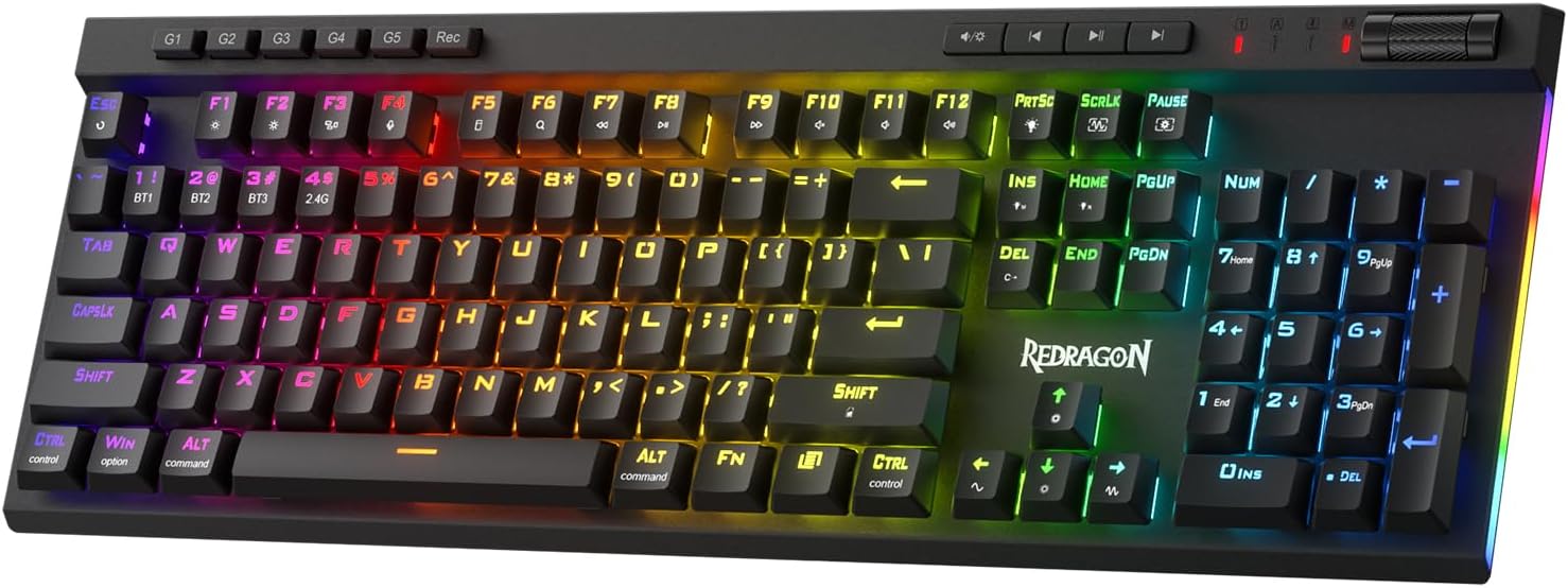 Redragon K580 PRO Wireless RGB Gaming Keyboard, 3-Modes 104 Keys Mechanical Keyboard w/Hot-Swap Socket, Dedicated Media Controls & Onboard Macro Recording, Linear Red Switch