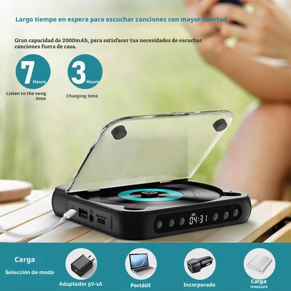 Reproductor de CD portátil con Bluetooth, altavoces Bluetooth 5.3, reproductor de CD retro de escritorio, reproductor de CD recargable para hogar/coche, compatible con CD/CD-R/CD-RW/MP3
