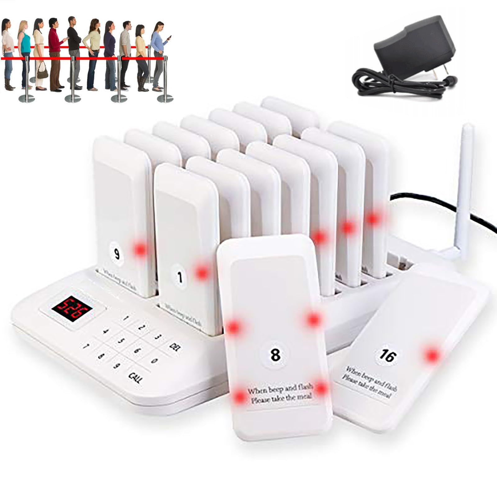 Pager Restauracyjny, 300m Bezprzewodowy System WywołAwczy, Z 16 Pagerami, 2 Tryby WywołAnia, Bateria 300mah - 20 Godzin, Z Ekranem Dotykowym, Do Restauracji/Hotelu/Kawiarni White