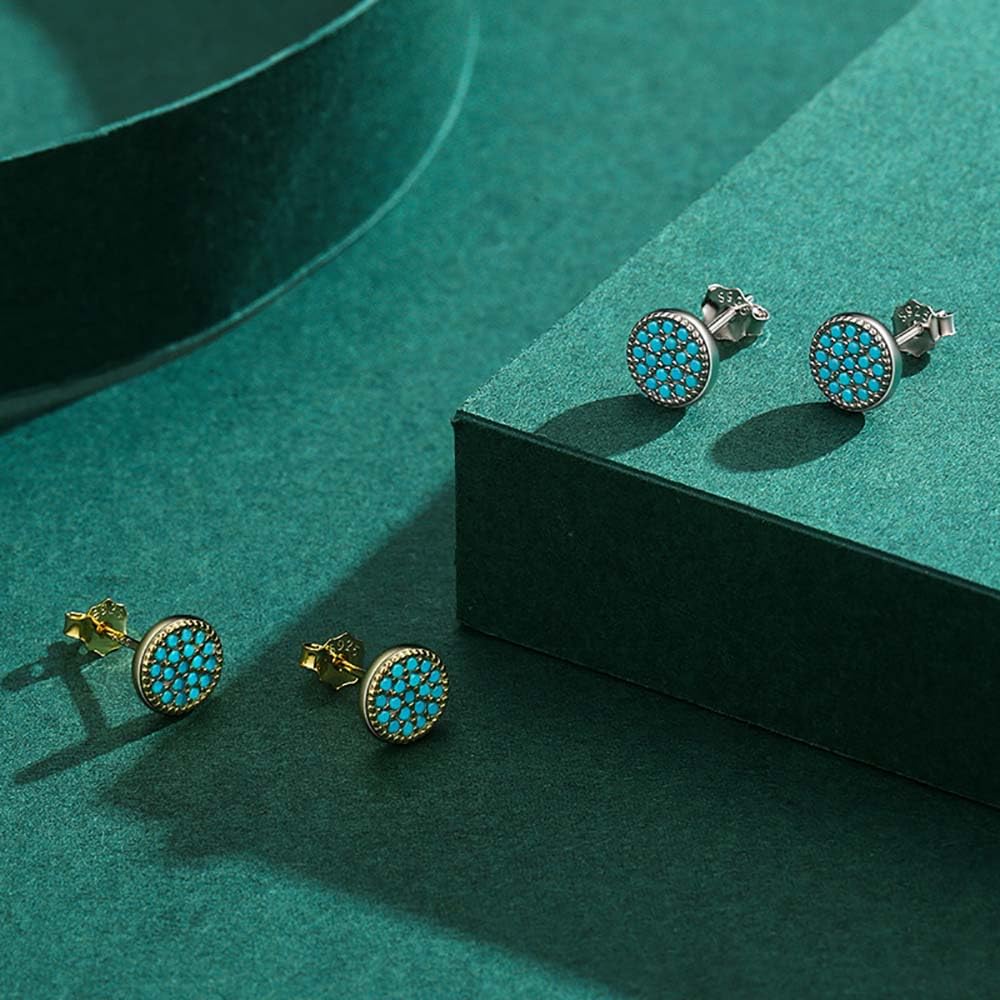 YDYDTTKD Winziger Türkis-Stein-Ohrstecker, Sterling-Silber, Edelstein, 6,6 mm, rund, für Mädchen und Frauen