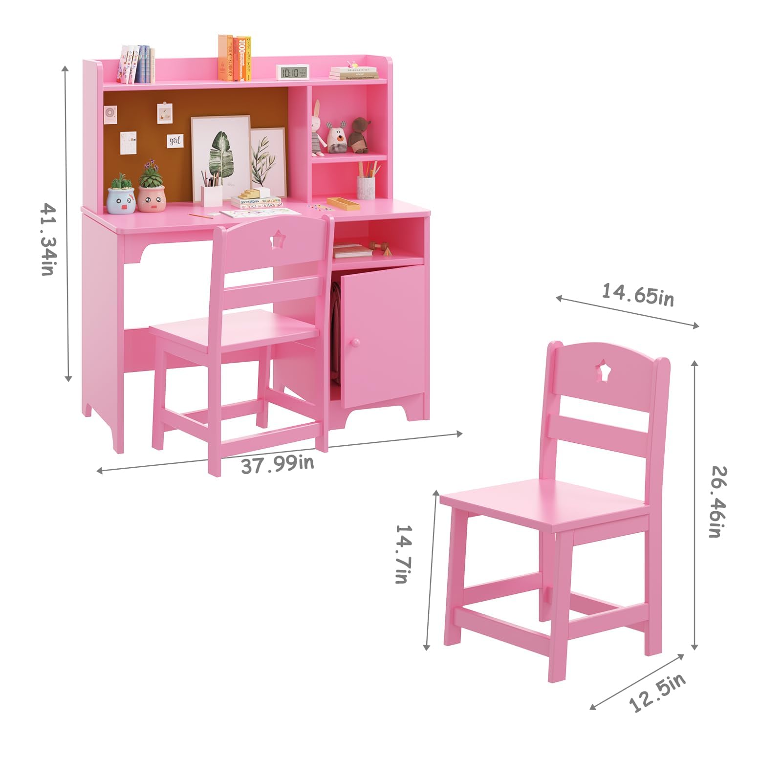 Escritorio Infantil de Madera para Estudiantes con Silla, Mesa Niños Infantil con Estanterías Abiertas y Armarios con Puertas, Mesa de Aprendizaje Infantil Multifuncional para Dormitorio o Estudio