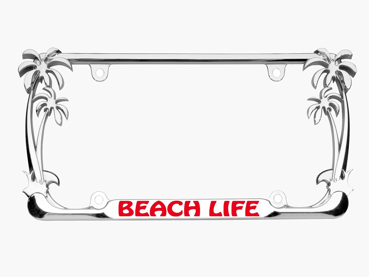 Beach Life Style Palm Tree Heavy Duty Metal License Plate Frame Personalise/Car Accessories Car Tag Holder Cover (Chrome/Red)