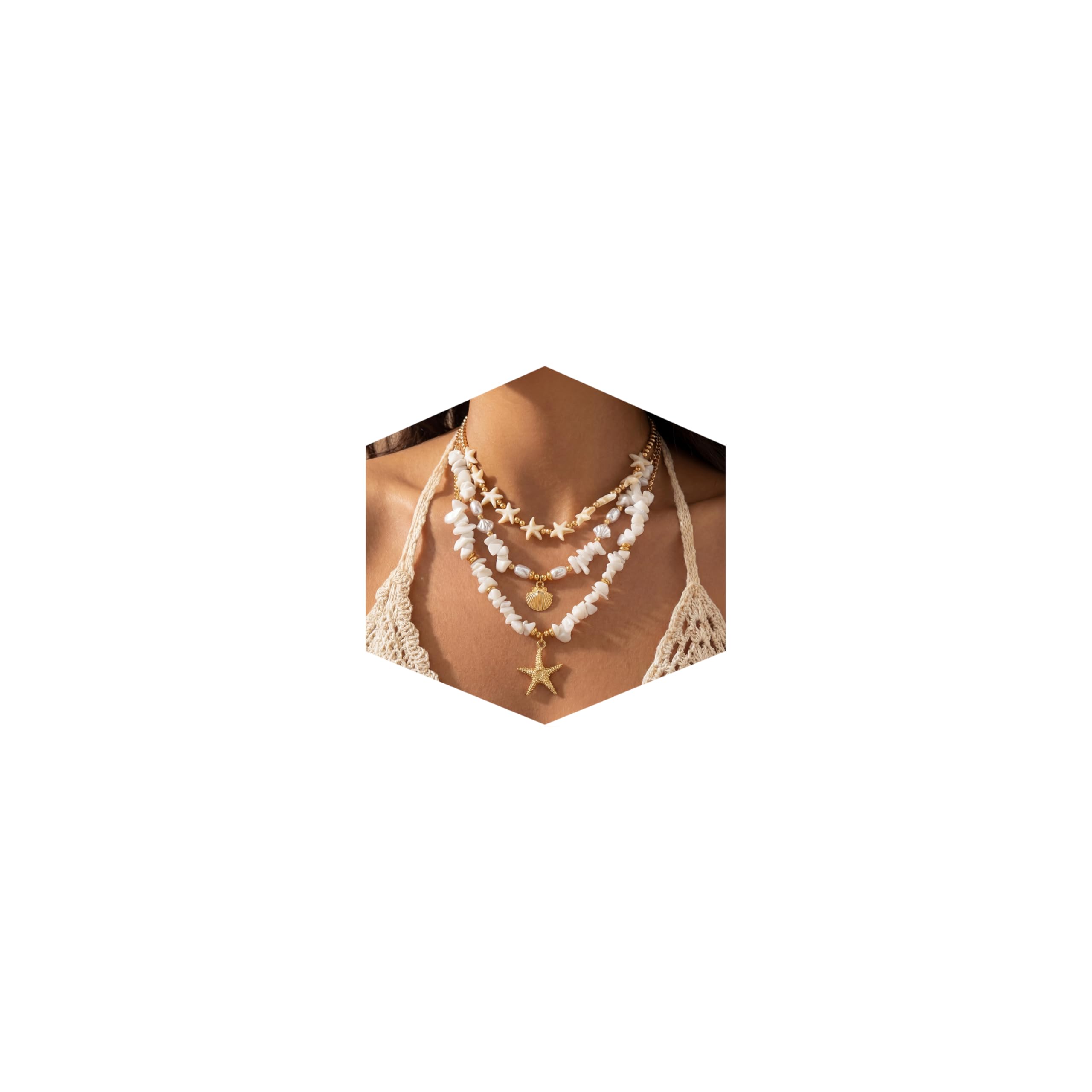 Shell Starfish Necklace for Women, Gold Plated Boho Layered Pendant Necklace with Pearl Conch Charm, Dainty Coastal Summer Beach Vacation Jewelry Gifts — view 12