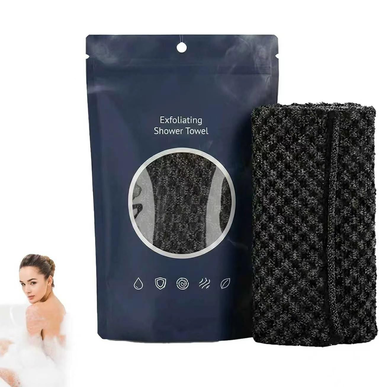 STDEI Exfoliating Antibacterial Shower Towel, Multi Exfoliating Shower Towel, Extra Long exfoliating Washcloth, Body Scrubber for Lathering and Dead Skin Removal (Black)
