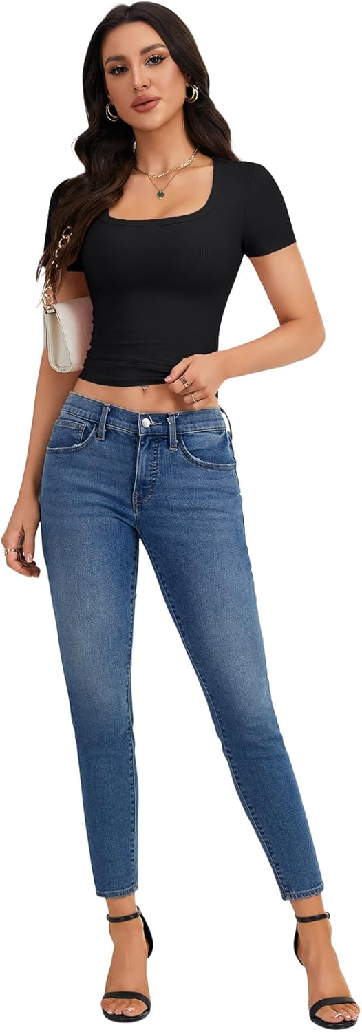 LYANER Women's Scoop Neck Ribbed Knit Slim Fitted T Shirts Short Sleeve Basic Crop Tops - Image 6