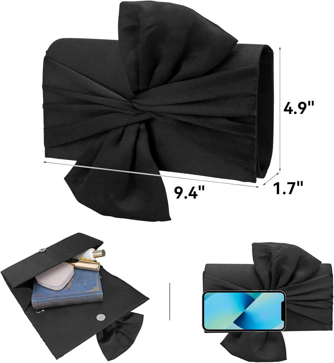 Simcat Womens Clutch Bag,Pleated Satin Handbag Lady Pleated Bow Purse Evening Bag with Chain for Wedding Prom Formal Party - Image 3