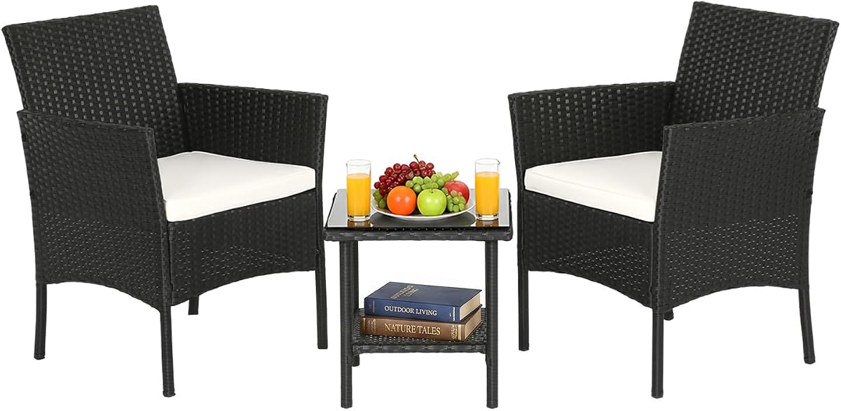 Juego de muebles de jardín de 3 piezas FDW | Negro y beige | Muebles de mimbre para exteriores | con mesa de centro | Juego de conversación de sillas de ratán moderno | Asientos al aire libre | Resistente a la intemperie | para porche, jardín, césped