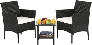 FDW Outdoor Wicker Bistro Rattan Chair Conversation Sets with Coffee Table for Yard Backyard Lawn Porch Poolside Balcony,Black