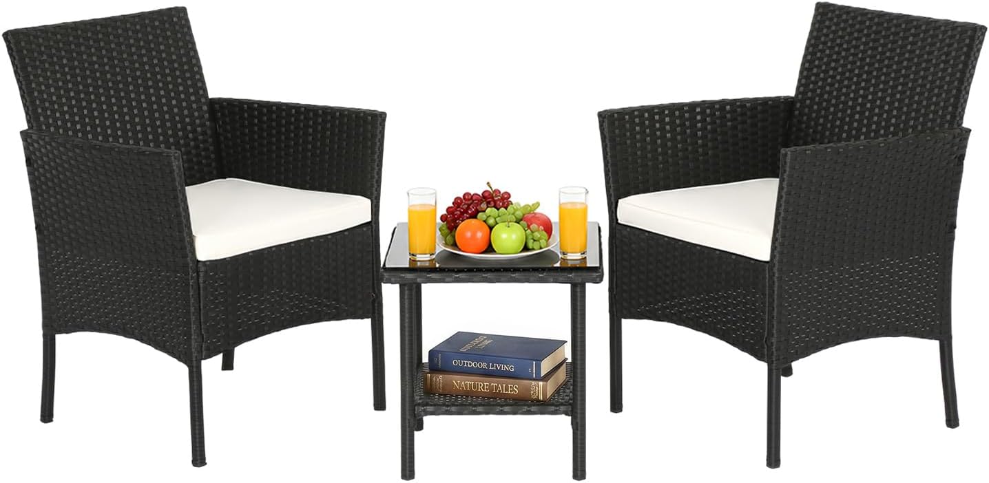 FDW Wicker Outdoor Furniture Patio Furniture Set of 3 Rattan Patio Chairs Outdoor Chairs Patio Conversation Set with Coffee Table for Yard Backyard Lawn Porch Poolside Balcony,Black