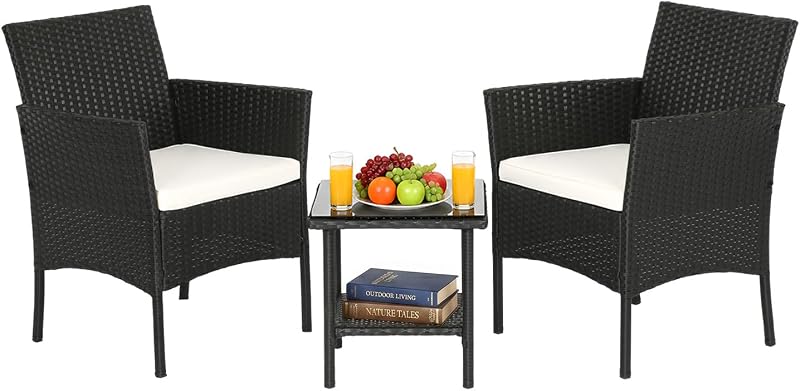 Juego de muebles de jardín de 3 piezas FDW | Negro y beige | Muebles de mimbre para exteriores | con mesa de centro | Juego de conversación de sillas de ratán moderno | Asientos al aire libre | Resistente a la intemperie | para porche, jardín, césped
