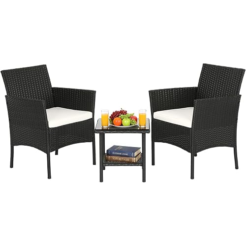 FDW 3-Piece Patio Furniture Set | Black & Beige | Outdoor Wicker Furniture | with Coffee Table | Modern Rattan Chairs Conversation Set | Outdoor Seating | Weather-Resistant | for Porch, Garden, Lawn