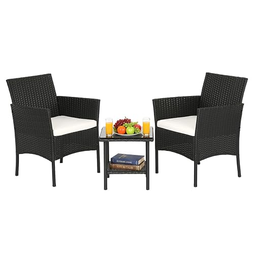 FDW 3-Piece Patio Furniture Set | Black & Beige | Outdoor Wicker Furniture | with Coffee Table | Modern Rattan Chairs Conversation Set | Outdoor Seating | Weather-Resistant | for Porch, Garden, Lawn - Black and Beige - 3 Pieces