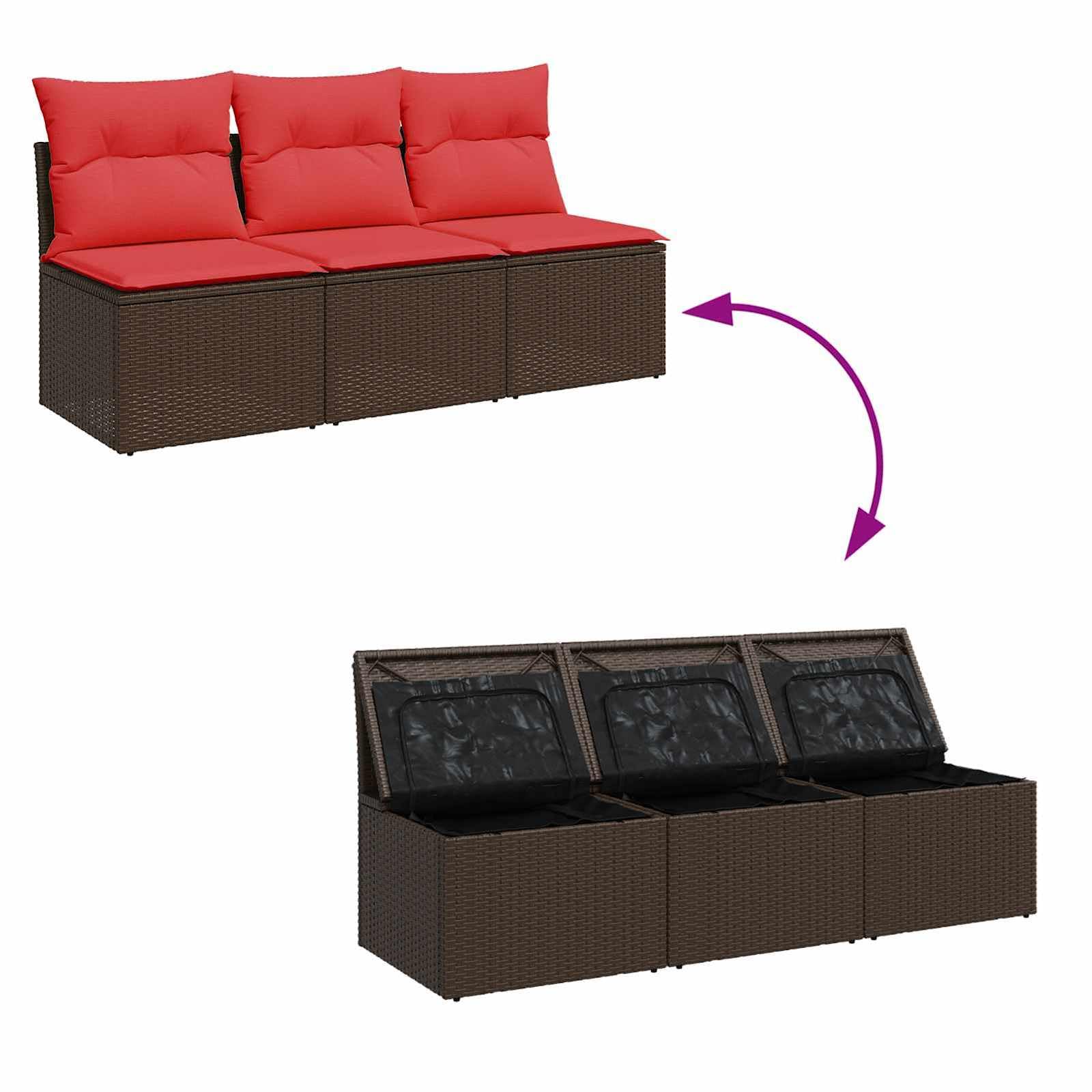 Sofá de jardín de 3 plazas de ratán sintético marrón con espacio de almacenamiento y bolsa impermeable, cómodo sofá de poliratán, fundas extraíbles, construcción modular