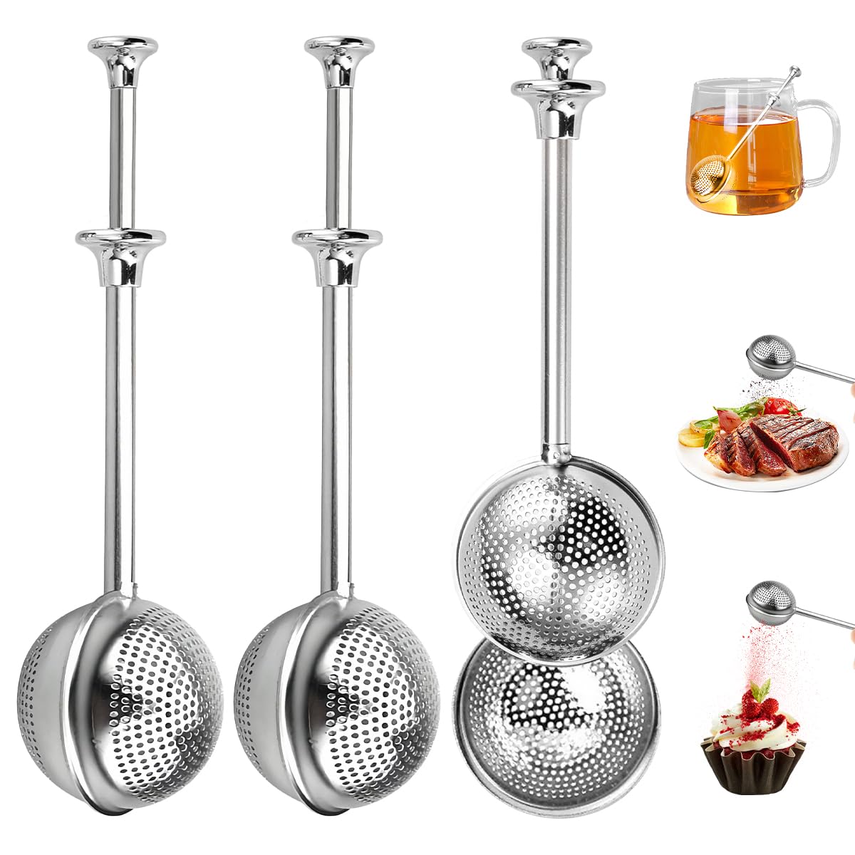 Lot de 3 infuseurs à thé en acier inoxydable pour thé en vrac, passoire à thé en maille fine, accessoires de thé, baguette à dépoussiérer, sucrier