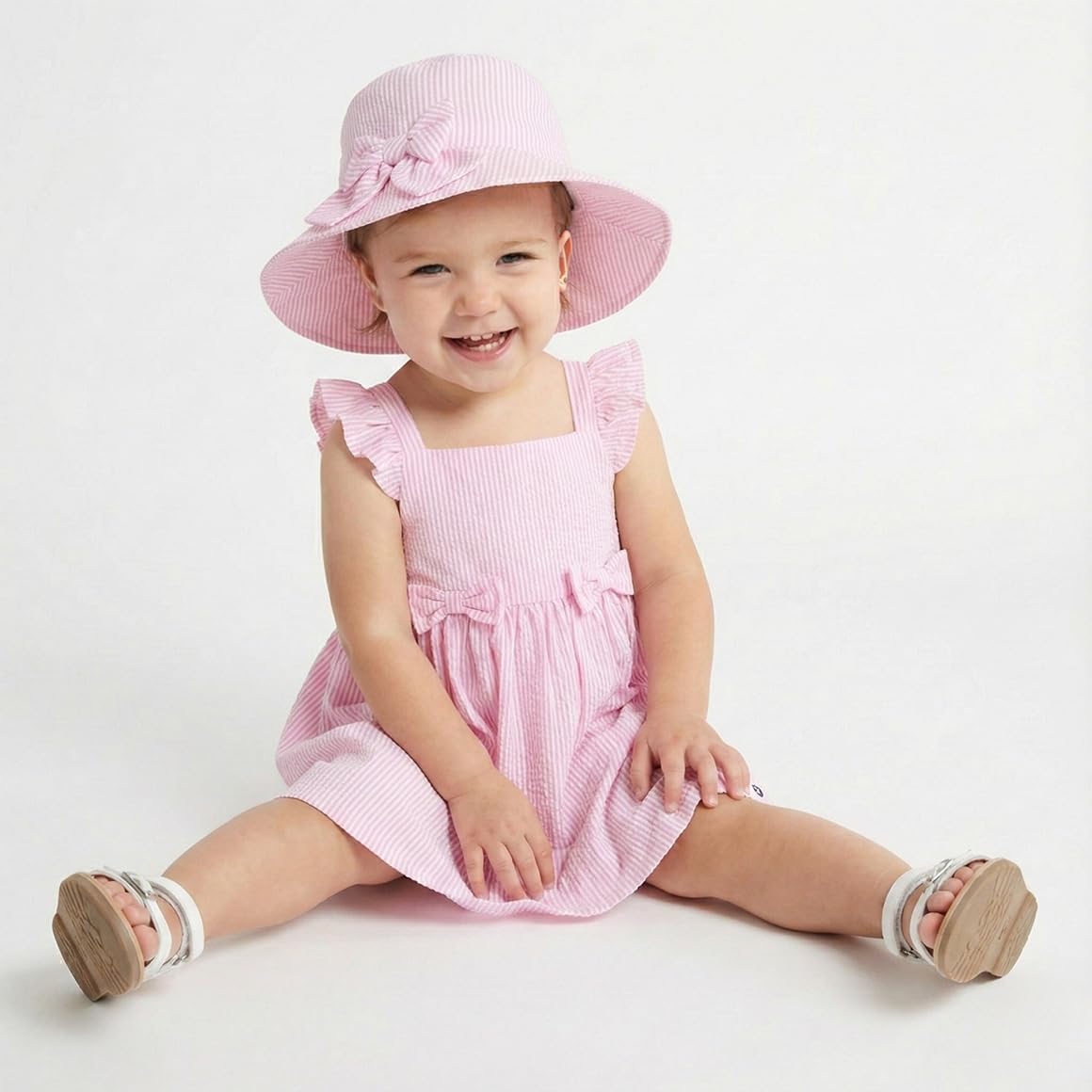 Sperry Baby Girls Seersucker Woven Dress with Panty and Sun Hat 3 Piece Outfit Set for Newborn Infant