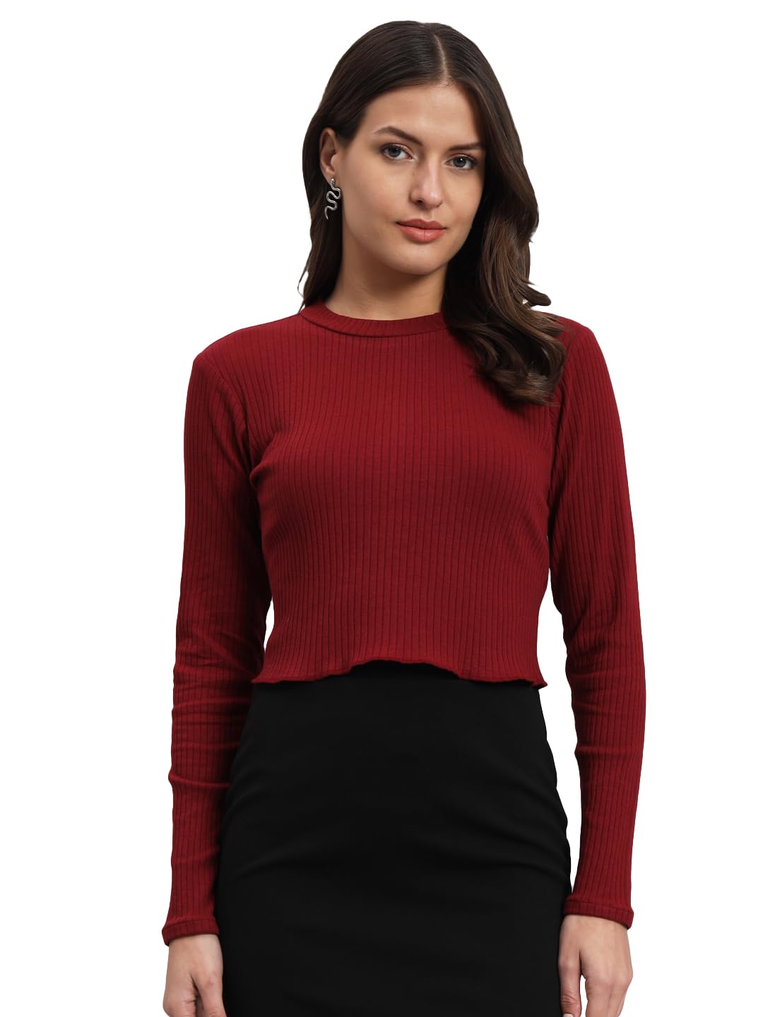 shritik Crop Long Sleeve Sweatshirt with Ribbed Texture, Red-picture-56