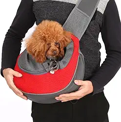 Bolsa Sling Transversal para Pets, Cachorro e Gato, Tecido Respirável, Alça Ajustável, com Bolsos Laterais (Vermelho)
