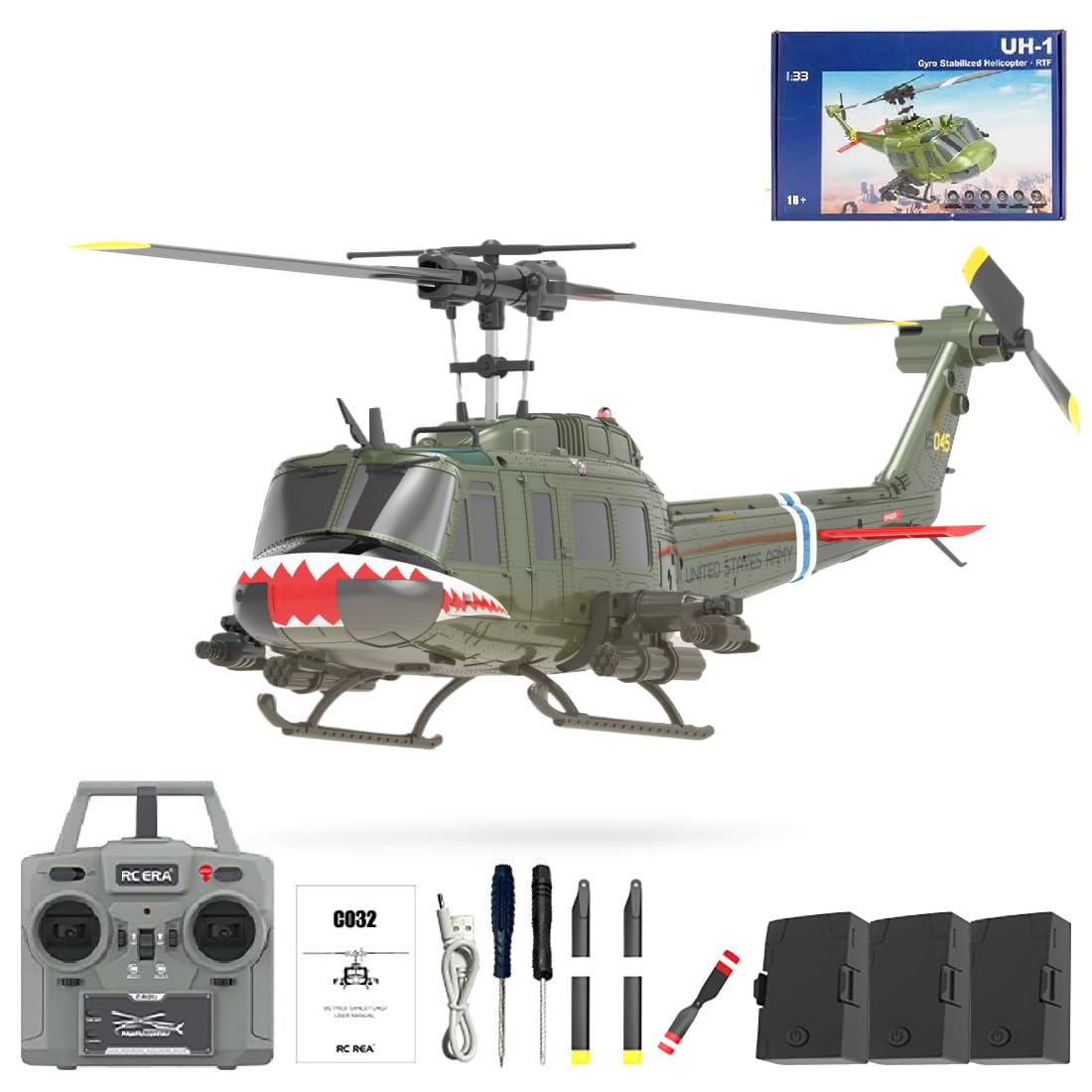 RC ERA C032 RC Helicopter, 1/48 Scale 2.4G 6CH UH-1 Huey Flybarless RC Helicopter, 6-Axis Gyroscope Stabilization, with Altitude Hold & 3D Inverted Flight for Adults Enthusiasts, 3 Battery